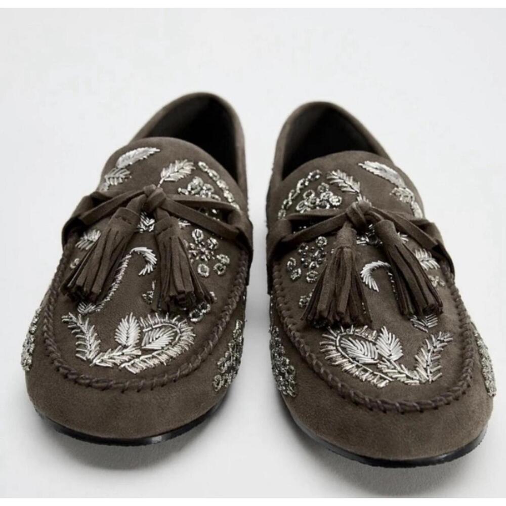 Zara Embroidered Loafers Olive Green 37 - Picture 2 of 7